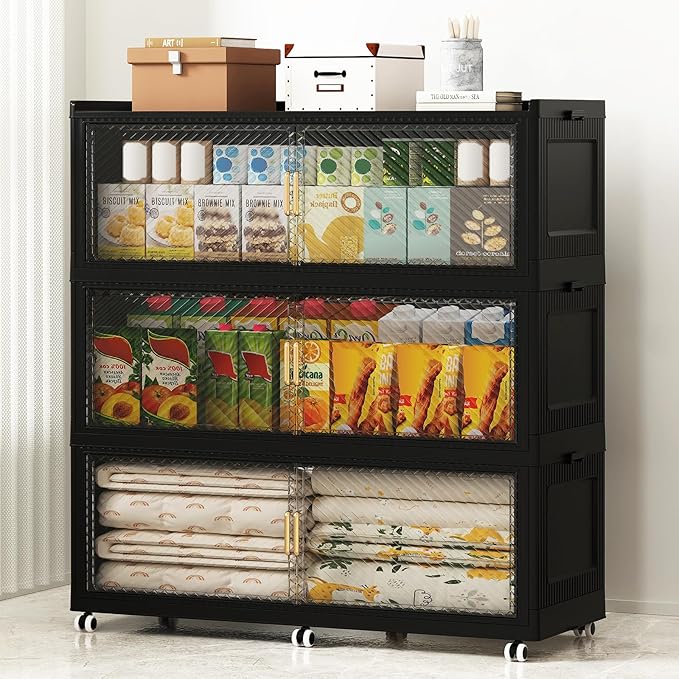 SAILUN 240Gal Extra Large Stackable Storage Bins with a Lid, Collapsible Storage Bins With Doors and Wheels, Foldable Storage Cabinet for Garage Closet Organization, Black, 3Pack 39.4" W