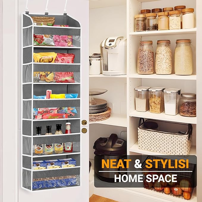 Gray 5 Layers Over The Door Organizer, Heavy Duty Hanging Organizer with Clear Window, 5 Large Pockets & 10 Mesh Side Pockets for Bedroom, Bathroom, Pantry, Nursery, Stores Shoes, Diapers