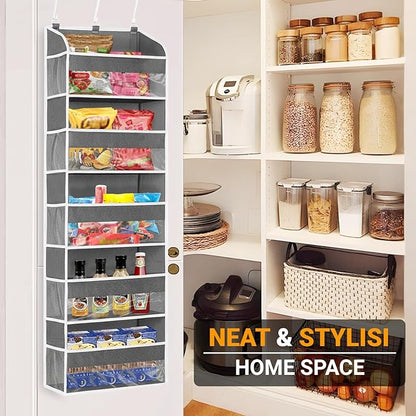 Gray 5 Layers Over The Door Organizer, Heavy Duty Hanging Organizer with Clear Window, 5 Large Pockets & 10 Mesh Side Pockets for Bedroom, Bathroom, Pantry, Nursery, Stores Shoes, Diapers