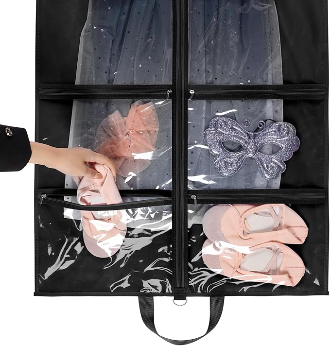 KEEGH Clear Garment Bags for Dance Costumes 40 inch Dance Garment Bags for Dancers Hanging Clothes for Closet Storage, with 4 Zipper Pockets for Dance Competitions, Ballet, Theatre, 2 Pack, Black