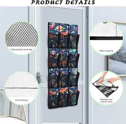 Dinosaurs Over the Door Shoe Organizer Space Saving Hanging Shoe Rack Holder with 12 Pockets Large Capacity Behind the Door Storage for Classrooms, Bedrooms, Dormitories