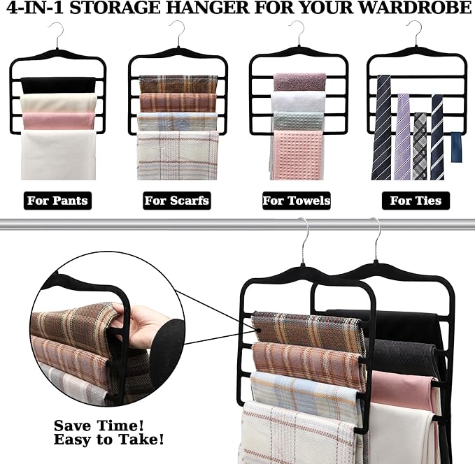 Closet Organizers and Storage, 2 Pack Pants-Hanger-Space-Saving, Velvet Clothes Organization Jeans Trousers Scarf Hangers for Pant-Rack, College-Dorm-Room Essentials for Students Girls Boys Guys