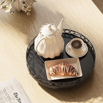 Yoobure 12" Lazy Susan Turntable for Cabinet - Farmhouse Wooden Round Tray for Table Top, 360° Rotating Lazy Susans Counter Organizer with Patterned Raised Edge for Kitchen Dining Table Decor, Black