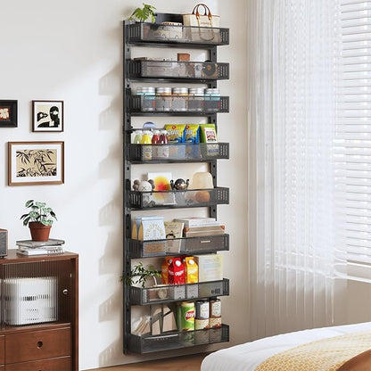 Pantry Door Organizers and Storage, 8-Tier Large Metal Heavy-Duty Frame Over the Door Spice Rack, 2 in 1 Wall-Mounted or Hanging shelf for Kitchen, Bathroom, Laundry Room, Bedroom, Closet &Nursery