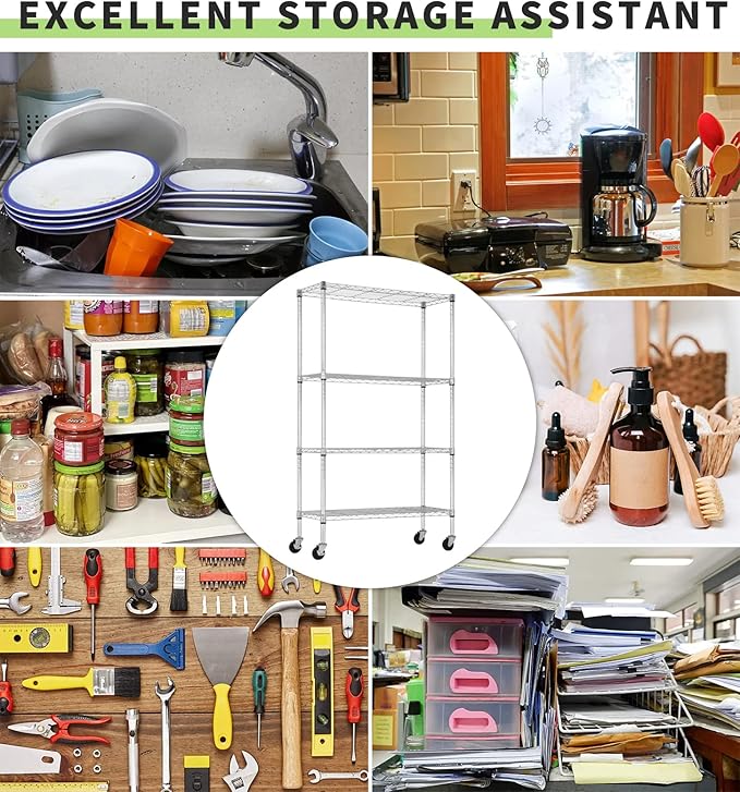 4 Tier Shelving Unit 62" H Adjustable Metal Shelves w/Wheels Heavy Duty Storage Shelf 1400Lb Capacity Garage Shelving Storage Wire Shelving for Kitchen, 36" L x 14" D x 62" H, Chrome
