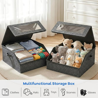 Hat Storage for Baseball Caps, Holds up to 24 Caps, Stackable Hat Organizer for Closet, Dustproof Hat Box with Clear Window, Hollow Board Support & 2 Handles, Flip-Top Access (Charcoal Gray)