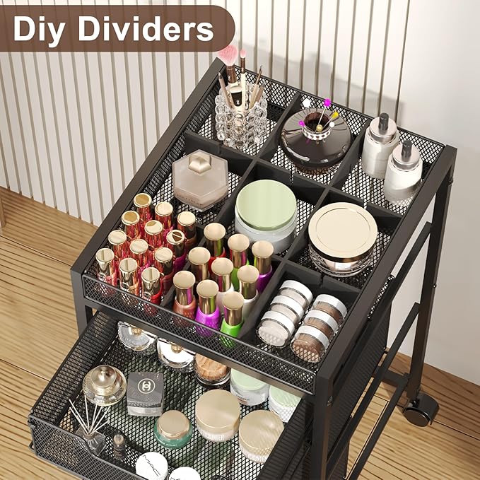 5-Tier Rolling Makeup Cart Organizer with 4 Drawers, Cosmetics Display with Dividers, Floor Skincare Storage with Wheels, Versatile Vanity Organizer for Nail Polish Perfume Brush Hair Tool, Black