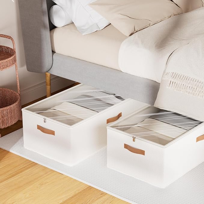 10inch 3 Pack Under Bed Storage Containers, 10 Inch Tall Underbed Clothes Storage Organizer Bin with Clear Window，Foldable Box Basket for Clothes, Closet, Bed Sheets and Blankets White
