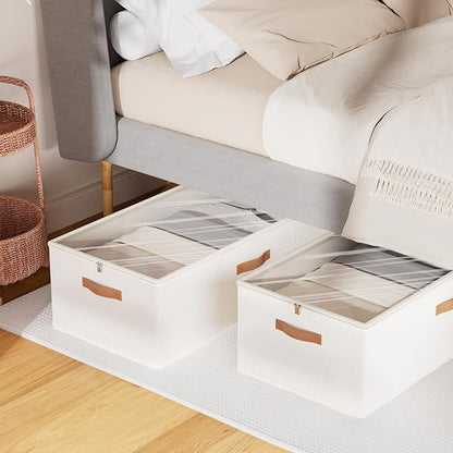10inch 3 Pack Under Bed Storage Containers, 10 Inch Tall Underbed Clothes Storage Organizer Bin with Clear Window，Foldable Box Basket for Clothes, Closet, Bed Sheets and Blankets White