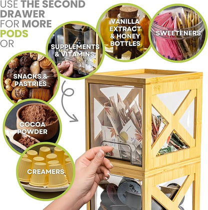 Stackable Bamboo Snack Drawer Organizer (2 Pack) – Pull-Out Storage Bins with Clear Acrylic Drawers – Pantry Storage for Snacks, Coffee Pods, Spices & K-Cups