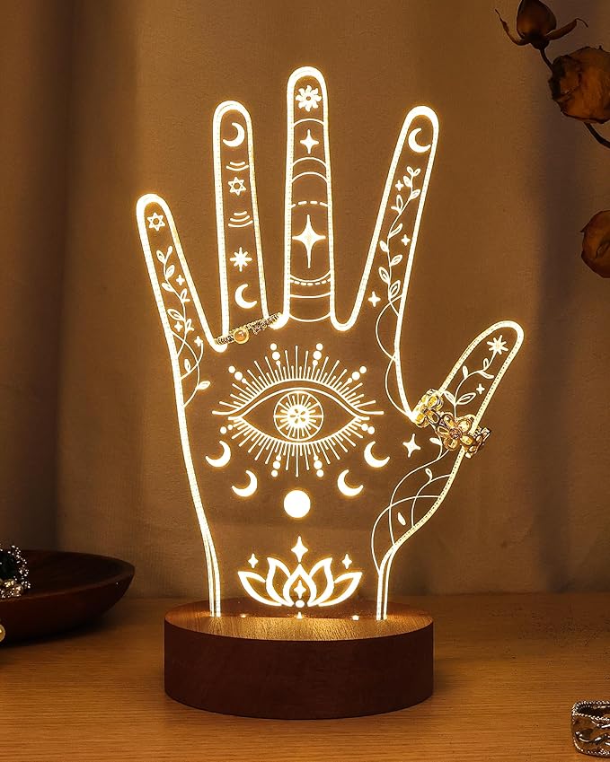 Attivolife Evil Eye LED Ring Holder Stand - Hand-Shaped Acrylic Jewelry Organizer Rack Bracelet & Ring Display for Women Friends Bestie
