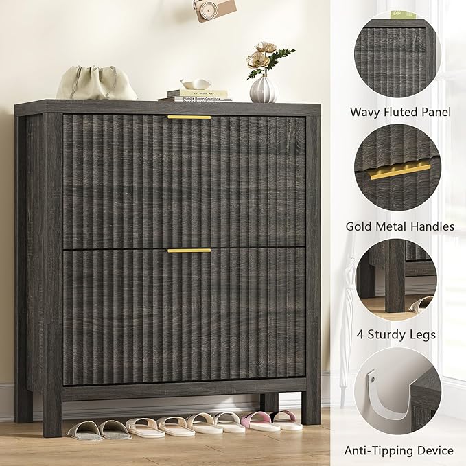 YOMILUVE Shoe Cabinet Storage for Entryway, Fluted Shoe Cabinet with 2 Flip Drawers, Hidden Shoe Rack Tall Freestanding Shoe Organizer with Legs for Hallway, Dark Gray