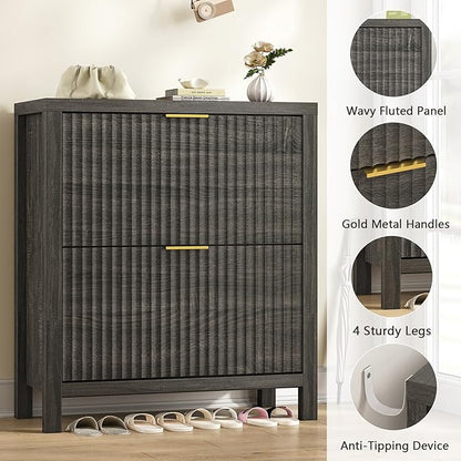 YOMILUVE Shoe Cabinet Storage for Entryway, Fluted Shoe Cabinet with 2 Flip Drawers, Hidden Shoe Rack Tall Freestanding Shoe Organizer with Legs for Hallway, Dark Gray