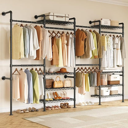 ONBRILL L4 Wall Mounted Industrial Pipe Clothing Rack, Closet Organizer System with 6 Hanging Clothes Rods ( 4 Expandable Rods) & 8 Shelves, Heavy Duty Corner Garment Rack, Large Wardrobe - Black