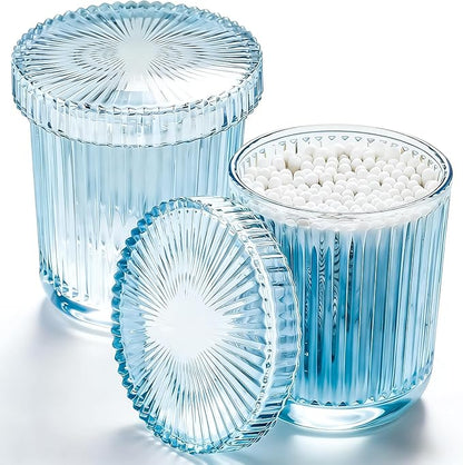Glass Qtip Dispenser 2 Pack, Clear Bathroom Storage Organizer for Cotton Swabs, Balls, Pads & Floss Picks, Vanity Makeup Essential Accessories (Blue)