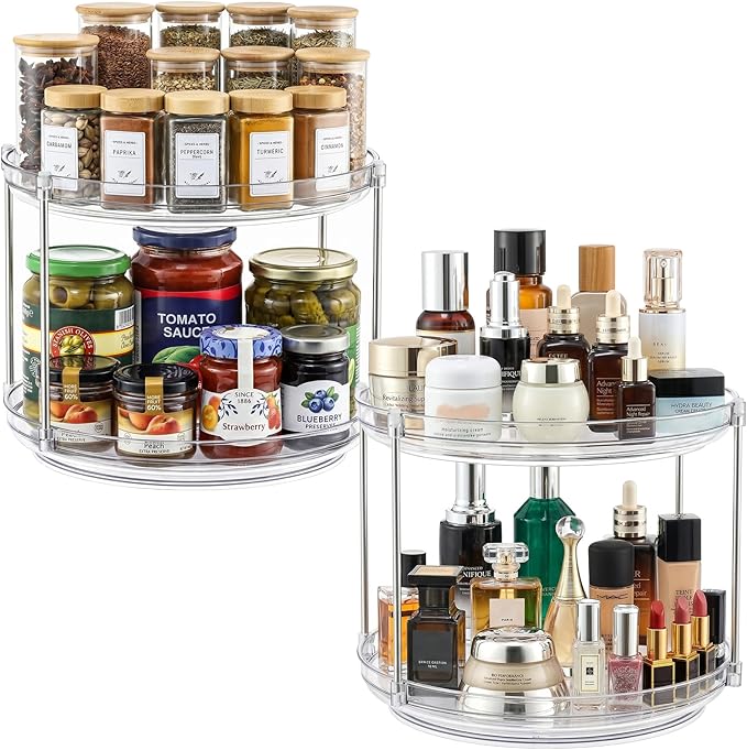 2 Set 2 Tier Non-Skid Acrylic Lazy Susan Organizer - Rotating Spice Rack - Turntable Spinning Organization for Kitchen, Pantry, Countertop, Closet, Bathroom, Vanity, Medicine Cabinet Organizing, 11''