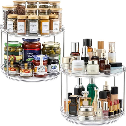 2 Set 2 Tier Non-Skid Acrylic Lazy Susan Organizer - Rotating Spice Rack - Turntable Spinning Organization for Kitchen, Pantry, Countertop, Closet, Bathroom, Vanity, Medicine Cabinet Organizing, 11''