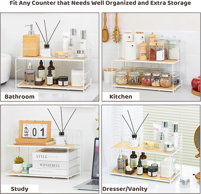 Edergoo Bathroom Counter Organizer 10s Tool-Free Install, 2 Tier Bathroom Organizers and Storage, Collapsible Bathroom Organizer Countertop, Wood Bathroom Kitchen Countertop Organizer, White