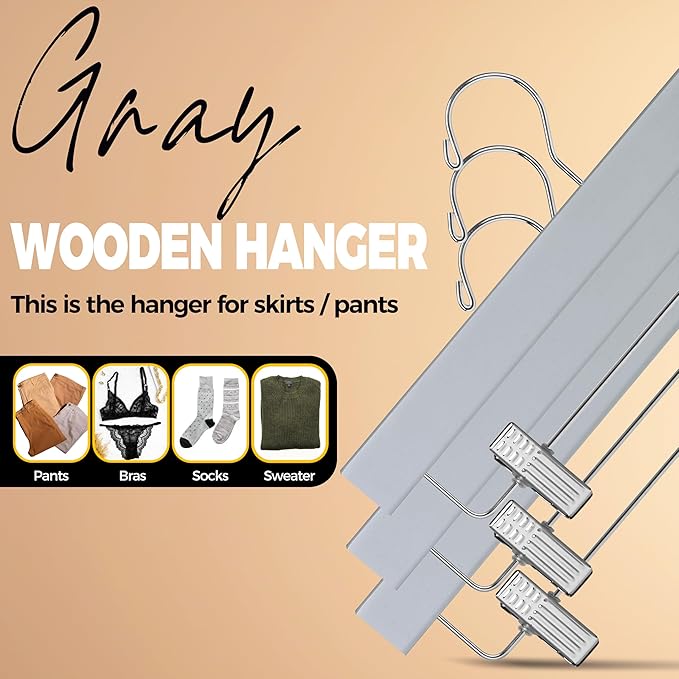 Quality Hangers Wooden Pants Hangers - 100-Pack Swivel Hook Cloth Hanger Set - Lotus Wood Skirt, Pant, Shorts and Slack Hangers with Adjustable Clip – Grey Clothing Hanger Set (Gray, 100)