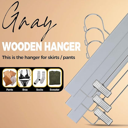 Quality Hangers Wooden Pants Hangers - 100-Pack Swivel Hook Cloth Hanger Set - Lotus Wood Skirt, Pant, Shorts and Slack Hangers with Adjustable Clip – Grey Clothing Hanger Set (Gray, 100)