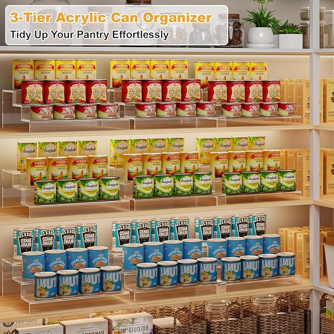 Adjustable Acrylic Can Rack Organizer for Pantry, 3 Tier Expandable Canned Storage Holder, Soda Can Dispenser Shelf Holds Up to 24 Cans, Clear Canned Display for Cabinet & Countertop (Patent Pending)
