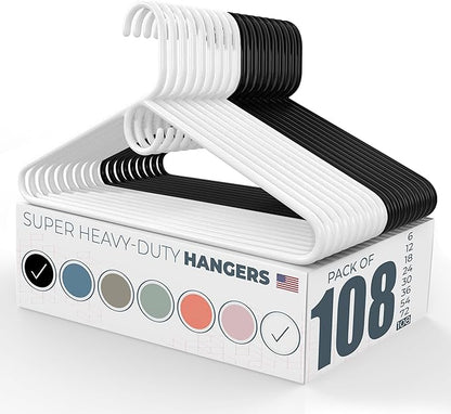 Super Heavy Duty Clothes Hangers 100 Pack (108 Count) – Made in the USA - 10lb Capacity, Thick Plastic Hangers for Pants, Coats, Jackets, Jeans and Adult Clothing – White & Black