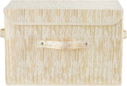 Decorative Storage Boxes with Lid Luxury Metallic Fabric Storage Bins Organizer Containers Collapsible Shelf Baskets with Handles for Home Bedroom Closet Office (Gold, Large Size)