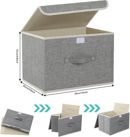 Storage Boxes, Collapsible Storage Bins with Lids, Cotton and linen cloth Storage Baskets with Handle, for Books, Closet, Bedroom, Home, 15x9.8x9.8 in, Grey