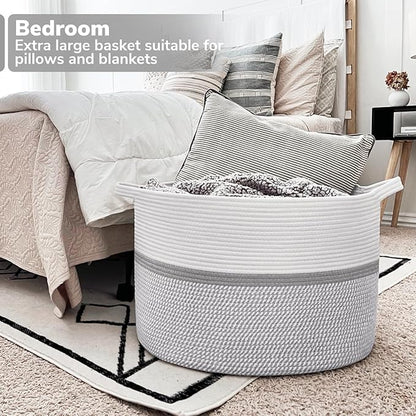 CHICVITA 85L Large Blanket Basket for Living Room, Woven Storage Baskets for Laundry Pillows Toys, Decorative Cotton Rope Basket with Handles for Bedroom Nursery, 22" x 22" x 14", Gray