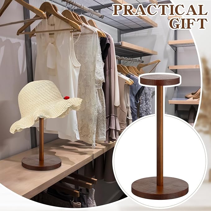 Chunful 2 Pieces Hat Display Stand Rustic Wood Hat Rack Holder Stand Vintage Wig Holder Jewelry Display Riser Helmet Organizer Storage for Home (Antique Brown)