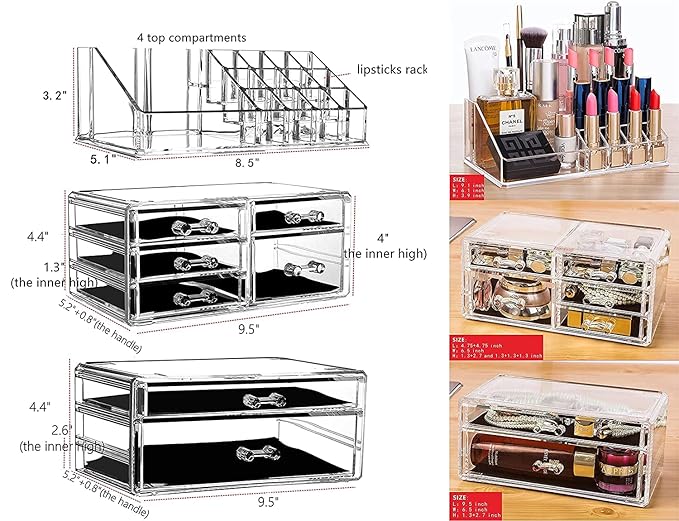 Cq acrylic 3 Pack Clear Skincare Organizer for Vanity, Stackable 7 Drawers Make Up Organizer,Cute Cosmetic Organizer for Vanity Jewelry,Hair Clip,Beauty,Skincare Product Dresser Acrylic Desk Organizer