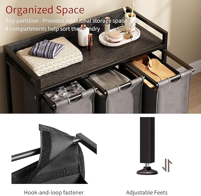 Herture Laundry Hamper with Shelf, Laundry Basket 3 Section, Laundry Sorter with Pull-Out Removable Large Bags and Movable Wheels, Metal Frame, 3 x 15.87 Gallons (60L), Black and Gray PF04XLC