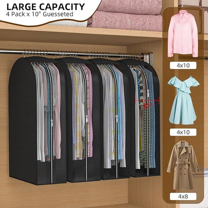 Black Garment Bags for Hanging Clothes 4 Packs, 10“ Gusseted and 43" Clothes Protectors for Hanging Clothes for Closet, Shirts, Coats, Dresses