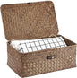 Hipiwe Wicker Shelf Baskets Bin with Lid, Handwoven Seagrass Basket Storage Bins Rectangular Household Basket Boxes for Shelf Wardrobe Home Organizer, Coffee Small