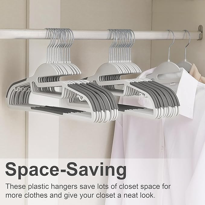 VECELO 50 Pack Coat Hangers, Premium Quality Plastic Suit Clothes Hanger, Non-Slip, Heavy-Duty, S-Shaped Opening, 360º Swivel Hook, Space-Saving for Bedroom Closet