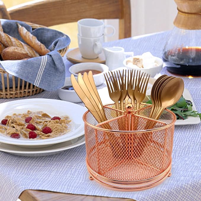 DysanVica 360 Rotating Metal Utensil Caddy - 4 Compartment Silverware Cutlery Holder Fork Spoon Napkin Organizer Flatware Storage Basket Party Countertop Buffet Picnic Camping Outdoor Rose Gold Pink