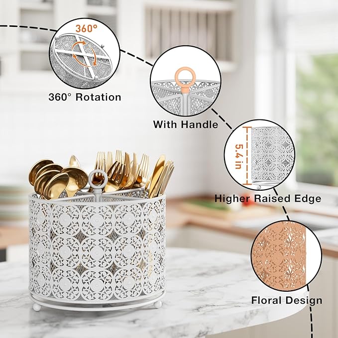 YIUKEA Rotating Utensil Caddy Holder - Higher Raised Cutlery Caddy Countertop - Metal Silverware Caddy Organizer with 4 Compartment for Kitchen Counter Party Office white