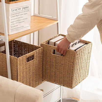 Foldable Storage Baskets with Handles Paper Rope Storage Baskets Rectangle Collapsible Hand Woven Storage Cubes Bins for Organizing Shelves Living Room Bedroom Pantry (3, 11'' x 11'' x 11'')