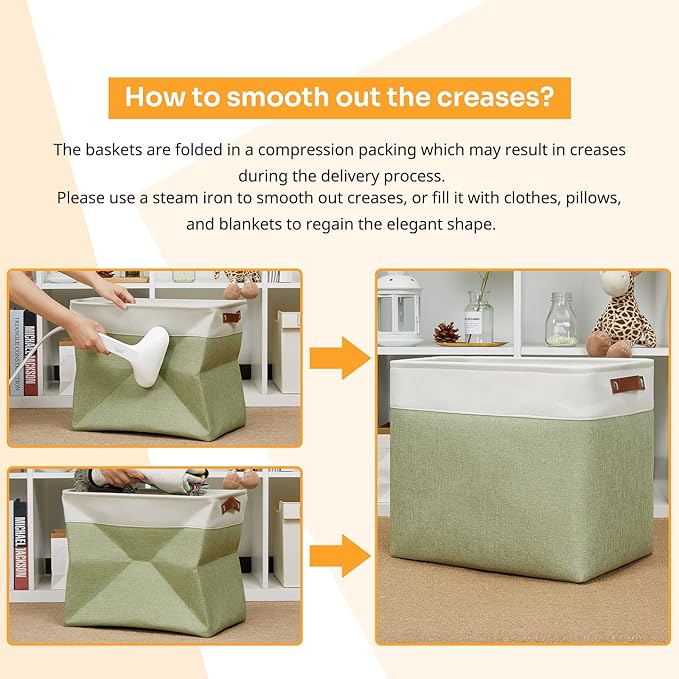 DULLEMELO Large Storage Basket 17"x12"x15", Fabric Storage Organizer Basket for Storage Clothes, Large Fabric Bin for Organizing Book, Storage Bin with Handles for Storage Toy (White&Green)