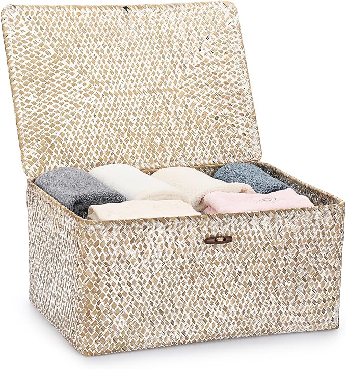Hipiwe Wicker Woven Baskets Bin with Lid Natural Seagrass Basket Storage Bin Rectangular Household Basket for Shelf Wardrobe Home Decor, Whitewash, X-Large