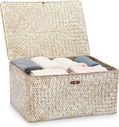Hipiwe Wicker Woven Baskets Bin with Lid Natural Seagrass Basket Storage Bin Rectangular Household Basket for Shelf Wardrobe Home Decor, Whitewash, X-Large