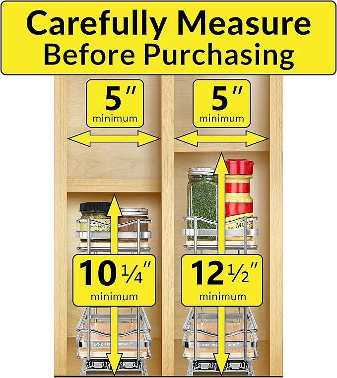 LYNK PROFESSIONAL® Élite™ Pull Out Spice Organization for Cabinets - 4-3/8 inch Wide – Spice Rack for Inside Cabinets – Wood/Chrome - Sliding Spice Rack Organizer for cabinet – Spice Rack - 2 Tier