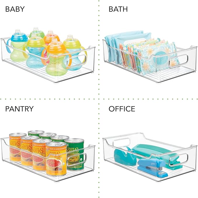 mDesign Wide Plastic Kitchen Storage Container Bins with Handles -Organization in Pantry, Cabinet, Refrigerator or Freezer Shelves - Food Organizer for Fruit, Yogurt, Squeeze Pouches - Clear
