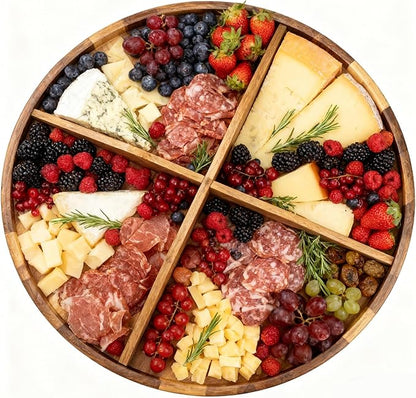 Utoplike Extra Large Acacia Wood Serving Tray, 23.6'' Round Charcuterie Board, Cheese Board with Rotating Base Raised Edge and Removable Dividers for Food, Snacks, Party, Dining