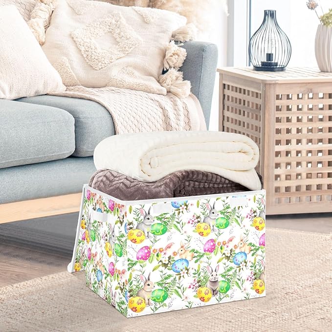 senya Easter Storage Baskets Collapsible Storage Bins with Lids, Easter Bunny Eggs in Grass Flowers Storage Boxes Clothes Baskets for Organizing