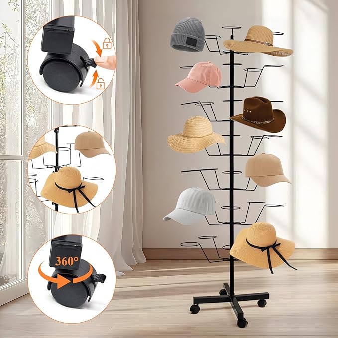 uyoyous 7-Tier Rotating Hat Rack Stand for Retail Stores, Heavy-Duty Metal Hat Display Organizer with Wheels, Holds 35+ Caps for Boutique & Home Use