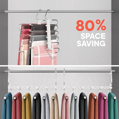 Campior Space Saving Pants Hangers 1 Pack, 6 Layer Jeans Hangers and Closet Organizer for Jeans, Scarves, & Skirts, Multi-Layer Hanger with Anti-Slip Stopper, Heavy-Duty S-Type Stainless Steel, White