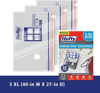 Hefty Shrink-Pak - 3 Extra Large Vacuum Storage Bags for Clothes, Pillows, Towels, or Blankets - Space Saver Vacuum Sealer Bags Ideal Under Bed Storage Solutions