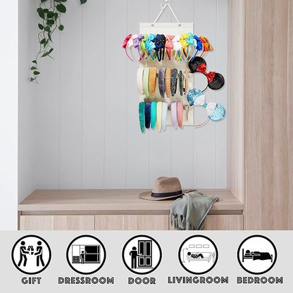 Hanging Headband Organizer with 30 Elastic Loops for Women Girls Headbands Display, Wall Headband Holder Organizer for Home (Beige)