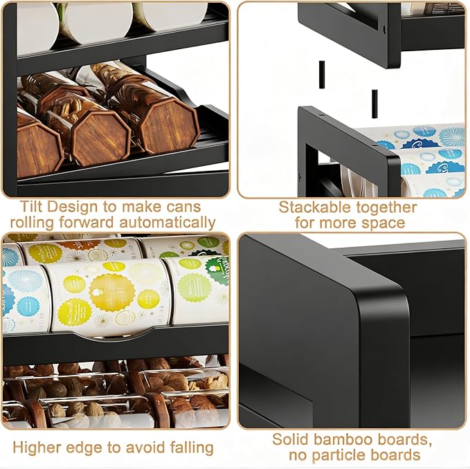 BAMBANG Can Organizer for Pantry, Detachable Bamboo 4 Tier Stackable Can Storage Rack, Rolling Soda Can Dispenser Can Holders for Cabinet, Holds Up to 48 Cans, Black
